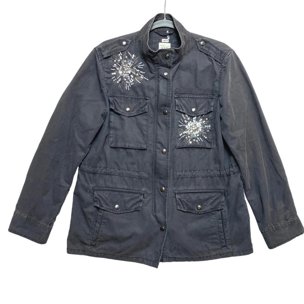 GAP Utility Jacket Womens Size Small Gray Beaded Embellished Military